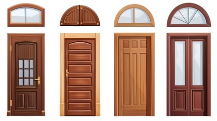 Vector realistic different closed brown wooden door icon set closeup isolated on white background. Elements of architecture. Design template for graphics 