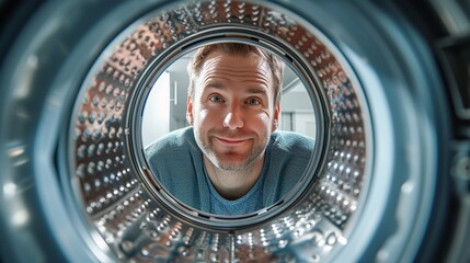 An adult male smiling and glancing at the camera is visible from inside the washing machine. - obrazy, fototapety, plakaty