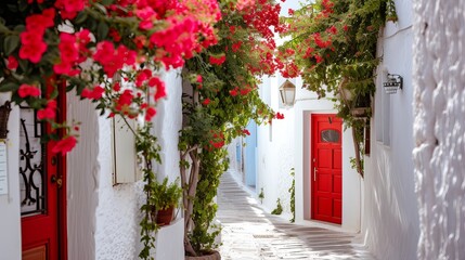 View of white street and flowers in Bodrum city of Turkey. Aegean style colorful street, wall, house and flowers in Santorini. White wall, red doors and flowers.  - obrazy, fototapety, plakaty
