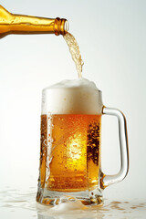 Beer poured into a glass with splash and foam on light background, dark background close-up