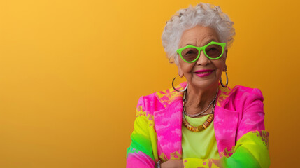 bright elderly woman in neon clothes and glasses. Studio portrait of beautiful senior woman with gray hair, wearing trendy glasses, stylish retired fashion model with cool vibrant look in neon clothes