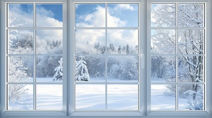 Window with a winter view of snowy background.  