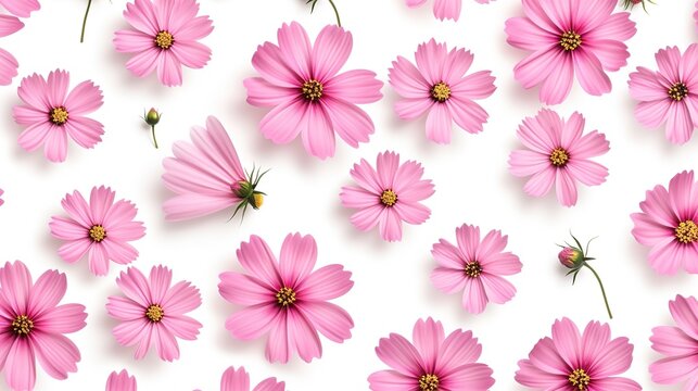 Cosmos pink flowers seamless pattern isolated on white background, flat lay, top view. The concept of summer, spring, Mother's Day, generative ai