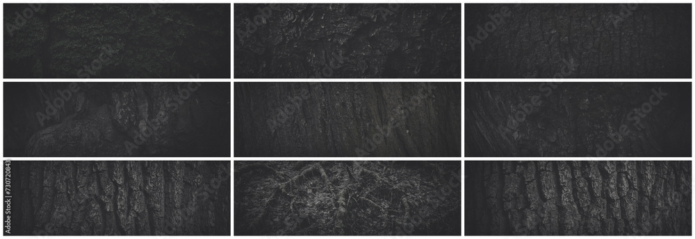 Wall mural set of dark wide panoramic background textures for design. collection of tree bark textures. tree tr