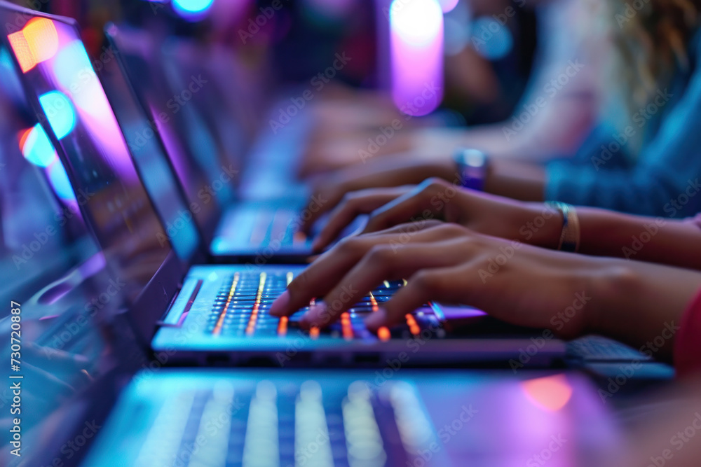 Poster close-up of hands typing on laptops in row at tech event. technology and innovation.