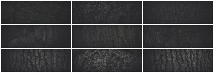 Set of dark wide panoramic background textures for design. Collection of tree bark textures. Tree trunk with natural bark pattern on the surface. Bundle of natural wood backgrounds. Dark faded colors.
