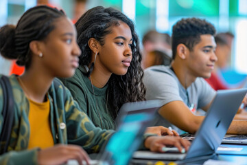 Focused college students using laptops during lecture. Education and technology.