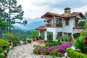 Obraz premium Luxurious mountain villa with landscaped garden and scenic view. Architecture and lifestyle.