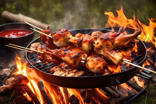 Over open flames, skewers full of drumsticks and chicken wings sizzle.