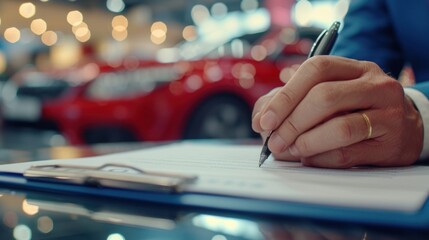 Hands signing a car sales contract car loan concept - obrazy, fototapety, plakaty