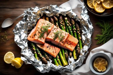 foil packets displaying asparagus and salmon 