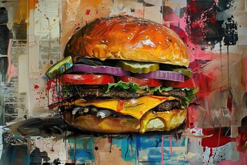 Delicious Cheeseburger Street Art Mural, Food and Culinary Marketing Painting, Contemporary Restaurant Menu Artwork