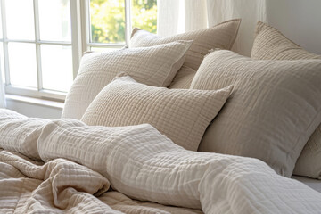 Cozy bedroom interior with plush pillows and soft comforter. Home comfort and bedding.