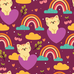 seamless pattern cartoon cat with plant and sky element. cute animal wallpaper for textile, gift wrap paper