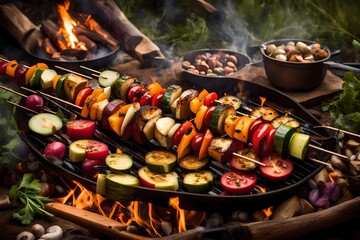 skewers full of veggies burn over a campfire, producing a vibrant and tasty