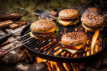 campfire grilling with juicy burgers sizzling on a makeshift grill, 
