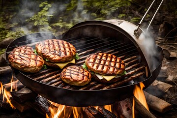 sizzling succulent burgers on a grill over a campfire, 