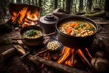 a campfire skillet, filled with vegetables and herbs, creating an  outdoor meal