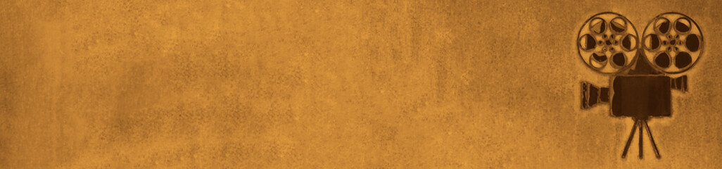 sign, symbol of vintage cinema projector or camcorder on a tripod. Cinema background. Old film...