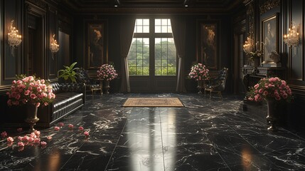 Elegant Living Room with Modern Decor and Flower Arrangements Generative AI - obrazy, fototapety, plakaty