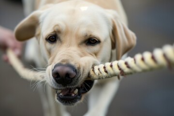 close view of panting labrador after crossing the finish line