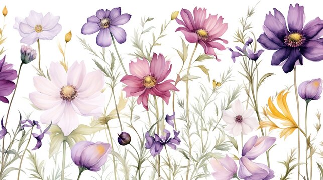  Wild flowers vector collection. herbs, herbaceous flowering plants, blooming flowers, subshrubs isolated on white background. Hand drawn detailed botanical vector illustration., generative ai,