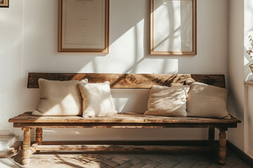 Fototapeta na wymiar Sunlit cozy wooden bench with soft pillows in serene home. Interior design and relaxation.