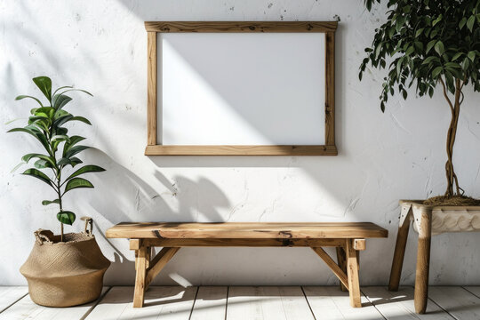 Empty wooden bench with frame and plant in bright interior. Home decor and furniture.