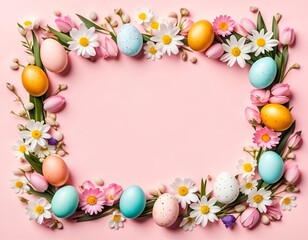 Naklejka na ściany i meble Easter composition frame with colored eggs, spring flowers and bunnies. flat lay, top view, mock up