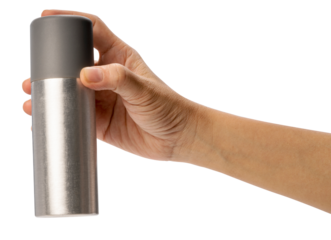 Female hand holding a spray can on white background, Silver perfume spray can or deodorizing spray isoalate on white PNG file.
