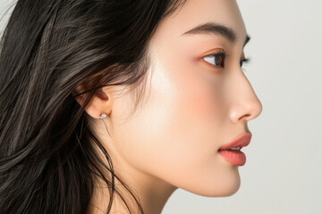 Side profile of young Asian woman showcasing skincare beauty