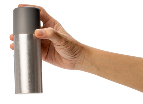 Female hand holding a spray can on white background, Silver perfume spray can or deodorizing spray isoalate on white PNG file.