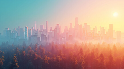 Foggy morning in the city. Sunrise over the foggy forest.The concept of new development in cities. Banner with copy space for your design and text.