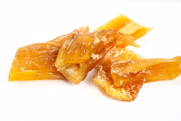 Dried beef tendons for dogs to chew isolated on white with copy space.