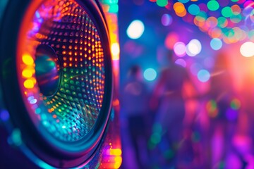vibrant speaker with colorful led lights and blurred dancers at a night club