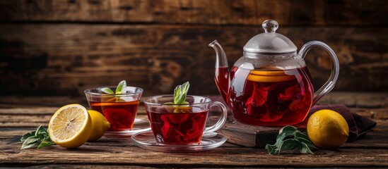 Hibiscus tea with lemon served on a wooden background, alongside a teapot and glasses.