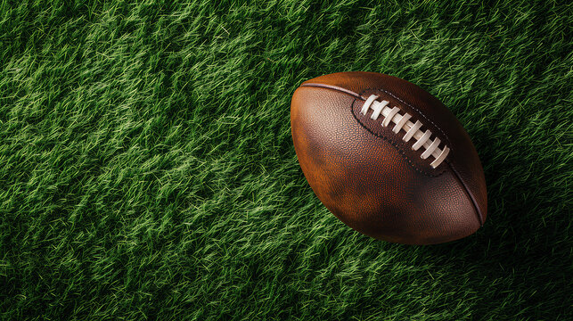 Brown American football ball on green artificial stadium turf background. Top view