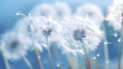 flower fluff, dandelion seeds with dew dop - beautiful macro photography with abstract bokeh background , generative ai,