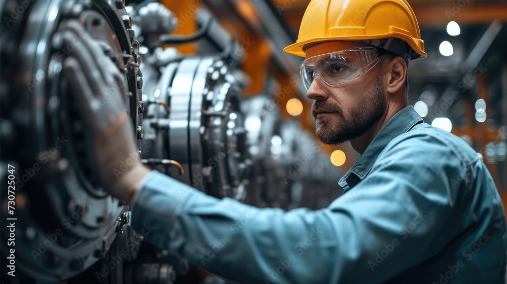 Poster A professional mechanical engineer man is operating equipment in a large industrial plant to ensure the stable operation of the production line. Generative AI.