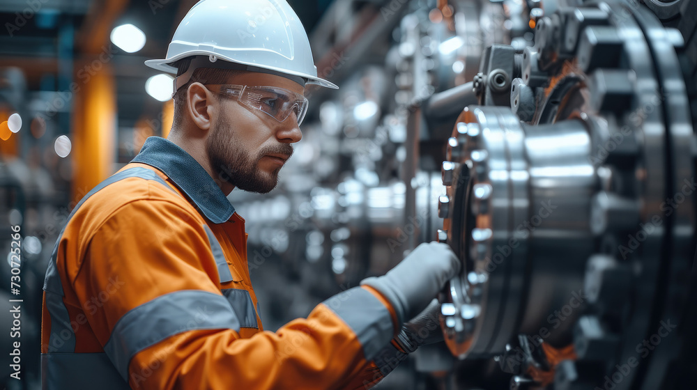 Poster a professional mechanical engineer man is operating equipment in a large industrial plant to ensure 