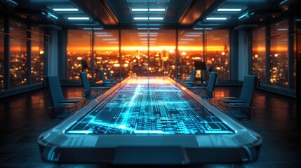 Future office table, Workplace with modern devices, holographic screens. Generative AI.
