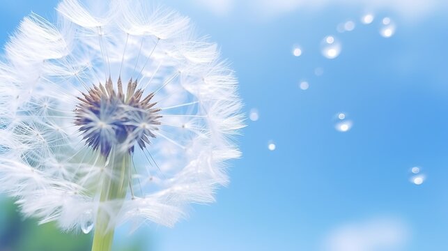 Isolated dandelion with dew on blue sky background. Close-up of dewdrop on the head of dandelion. Purity and blooming,  generative ai, 