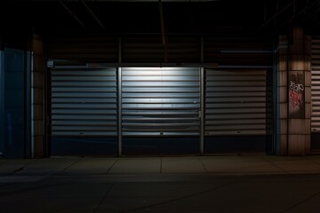closed storefront with security shutters, dimly lit