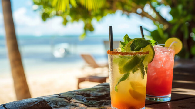 drink a cocktail on vacation. Selective focus. nature. Fresh cold cocktail on tropical beach with palms and bright sand. Summer sea vacation and travel concept. fresh summer