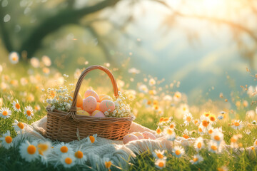 Wicker basket with Easter eggs in green grass against flower meadow. Space for text. Easter card