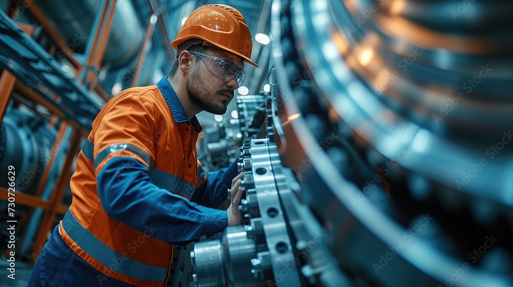 Fototapete worker on a large machine in mechanical engineering, bright background. generative ai.