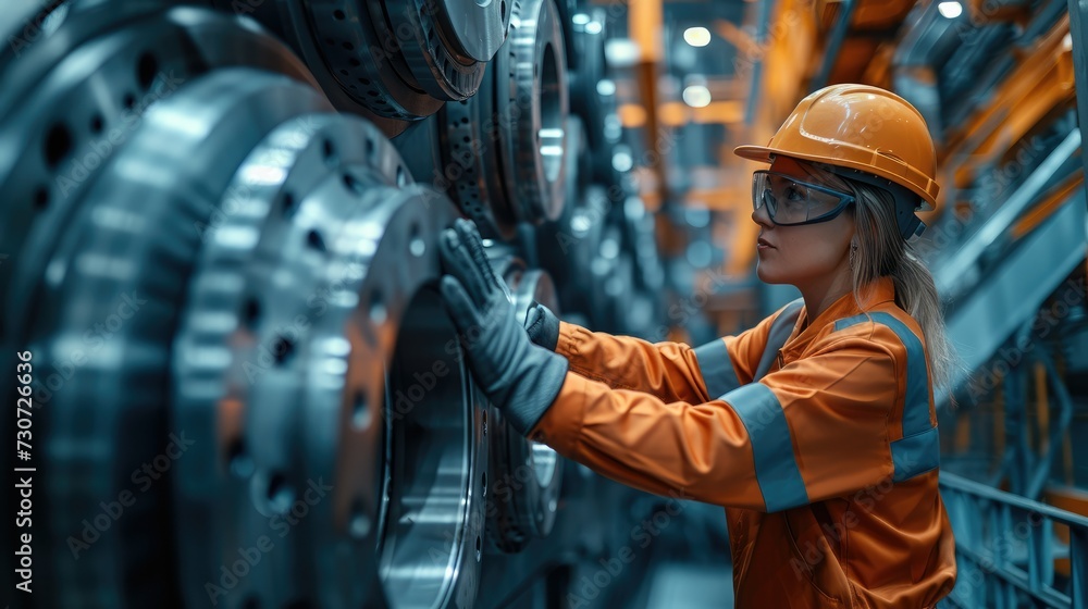 Poster worker on a large machine in mechanical engineering, bright background. generative ai.