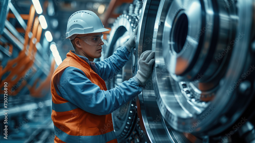 Fototapete worker on a large machine in mechanical engineering, bright background. generative ai.