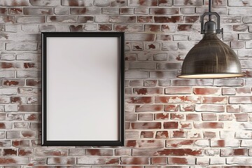 frame on a brick wall, industrial pendant light hanging nearby