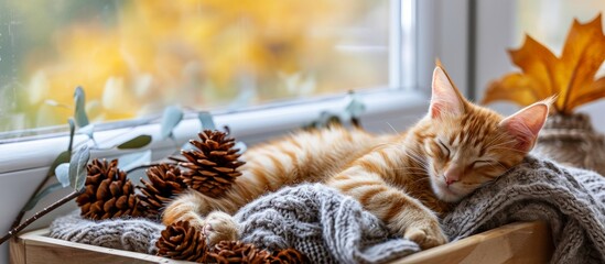 Cozy fall concept with a ginger kitten sleeping on a wool sweater and home decor on a wooden tray by the window.